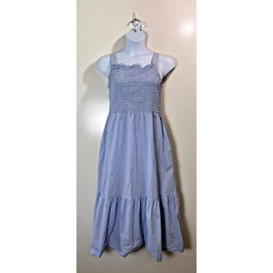 Everlane Women’s Smocked Midi Dress Size L Blue Tiered Cottagecore Beachy Casual